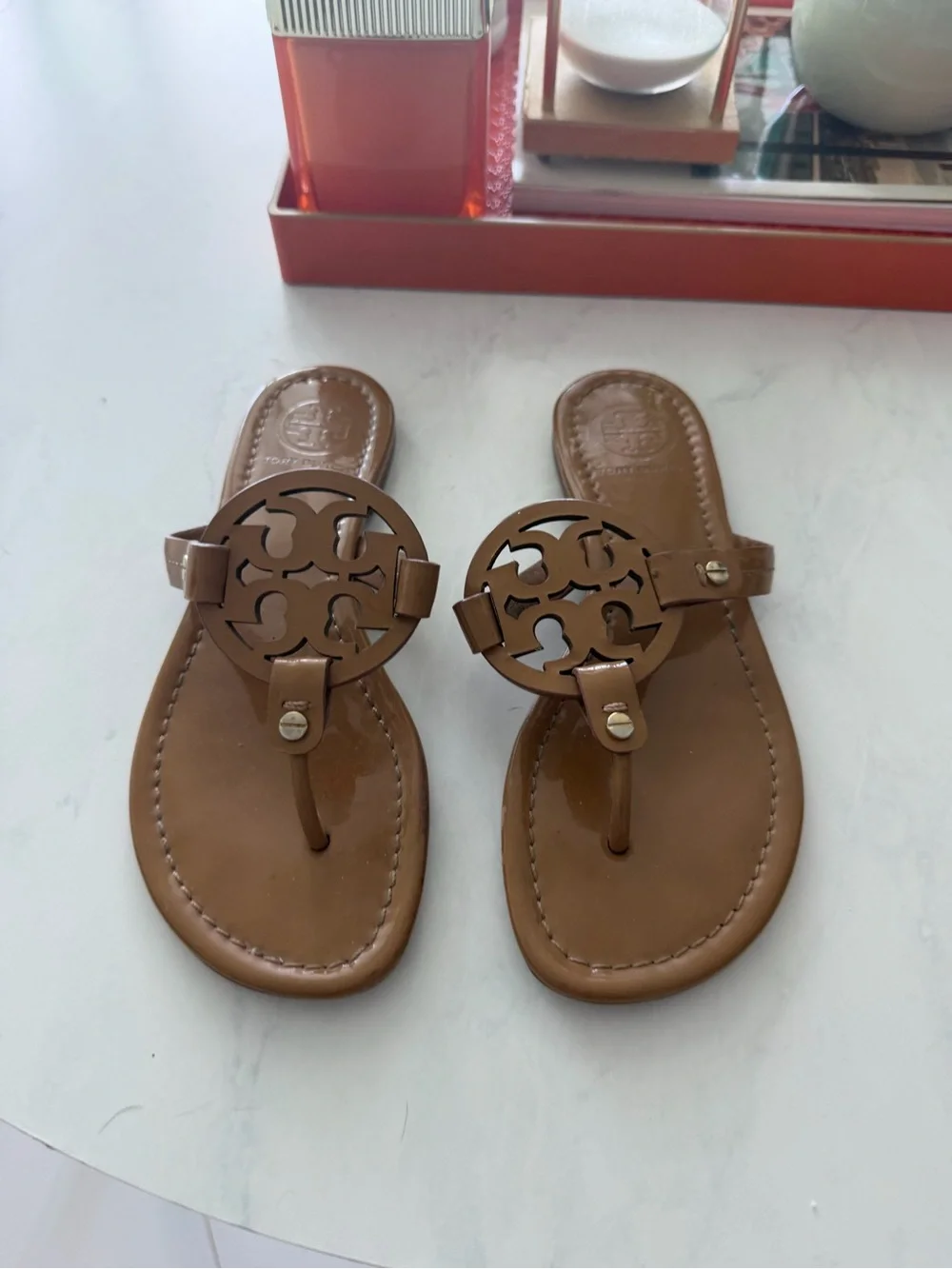Tory Burch Miller Patent Leather Sandals Tan Nude